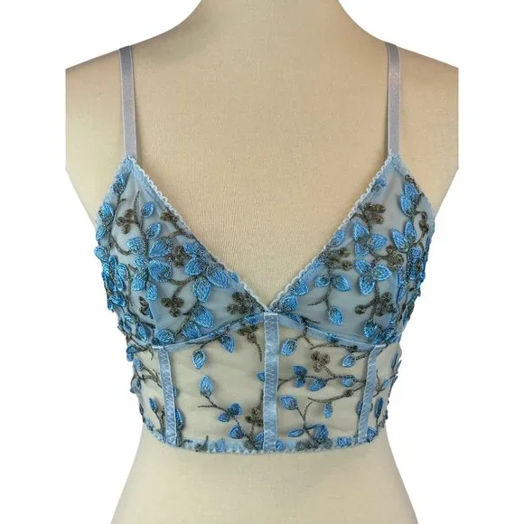 Blue Floral Embroidered Mesh Crop Bralette Adjustable Straps Size S - Picture 2 of 9